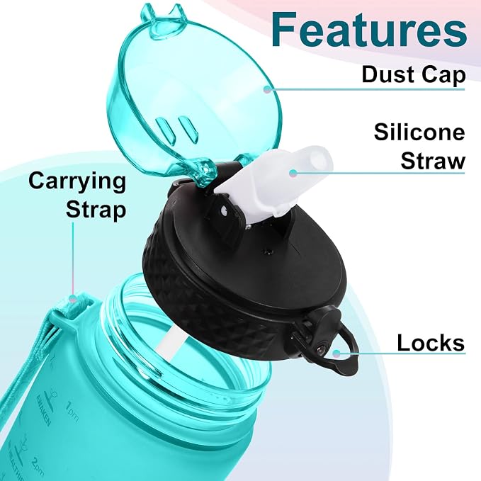 24 OZ Motivational Kids Water Bottle With Time Marker,Straw Lid,Leak Proof, Tritan BPA Free Sports Water Bottle Dark Green Pink (1 Lid)