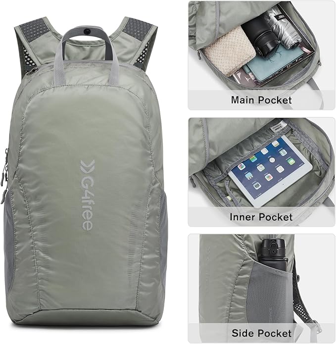 G4Free 25L Lightweight Hiking Backpack Packable Foldable Sport Travel Daypack Water Resistant for Women Men（Grey Green）
