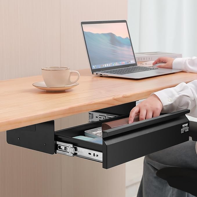 VEVOR Under Desk Drawer Slide Out, 16 inch Attachable Desk Drawer for Sit Stand Workstation, Hidden Under Counter Drawers for office Home, Black