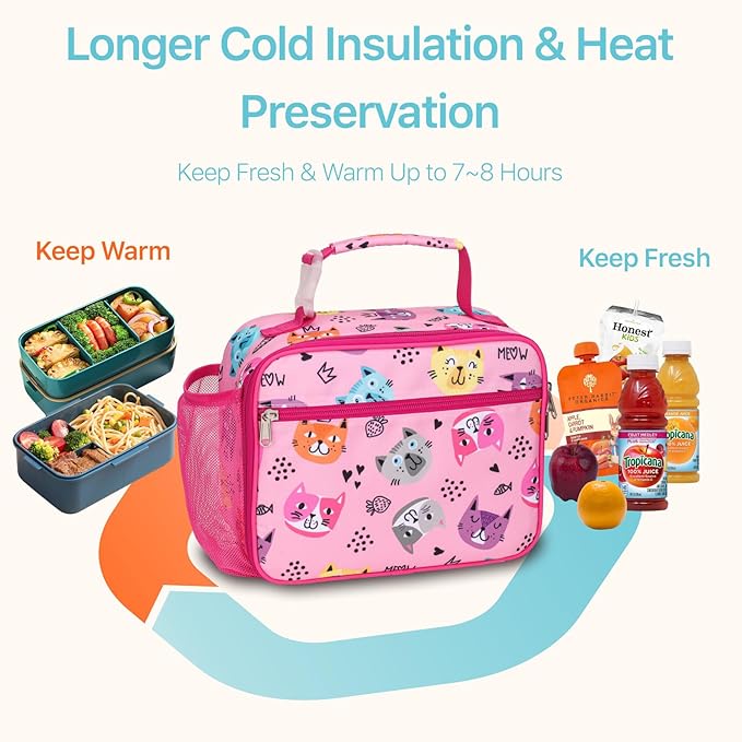 Bagseri Kids Lunch Bag Girls - Thermal Insulated Lunch Box Tote with Water Bottle Holder, Reusable Leak-Proof Kids Lunch Box for Daycare & School, Pink Cat (Containers Not Included)