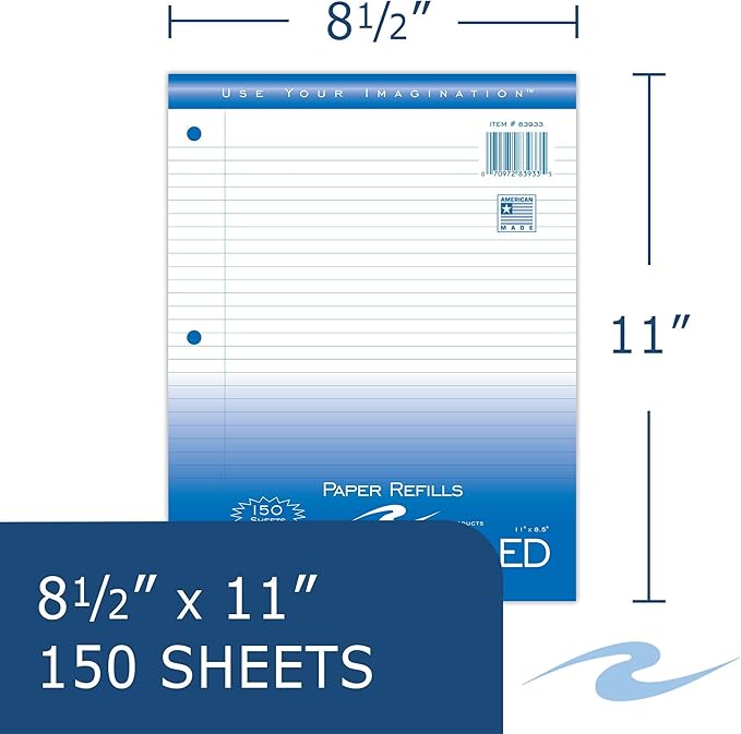 Roaring Spring Loose Leaf Paper, 11" x 8.5", 150 Sheets Per Pack, 15 lb White College Ruled Filler Paper With Margin, 3-hole Punched, Proudly Made in the USA (Case of 24 Packs))