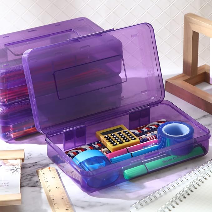 Leelosp 12 Pack Clear Pencil Boxes for School Bulk, Large Plastic Pencil Case with Lid, Stackable Hard Crayon Storage Box for Classroom Kids, Desk Drawer Organizer for Office Home(Purple)