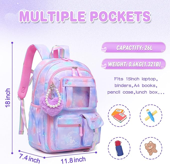 Alrisg Girls Backpack for Kids Elementary Middle School Cute Student Bookbag School Bag Purple