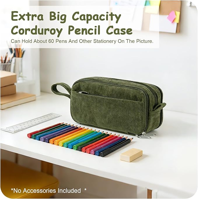 BuyCard Large Capacity Corduroy Pencil Case, Green Zipper Pouch, Aesthetic Pen Pouch, Supplies Organizer for Teen Girls Boys Women Men,Teacher Appreciation Gifts, Mothers Day Gift