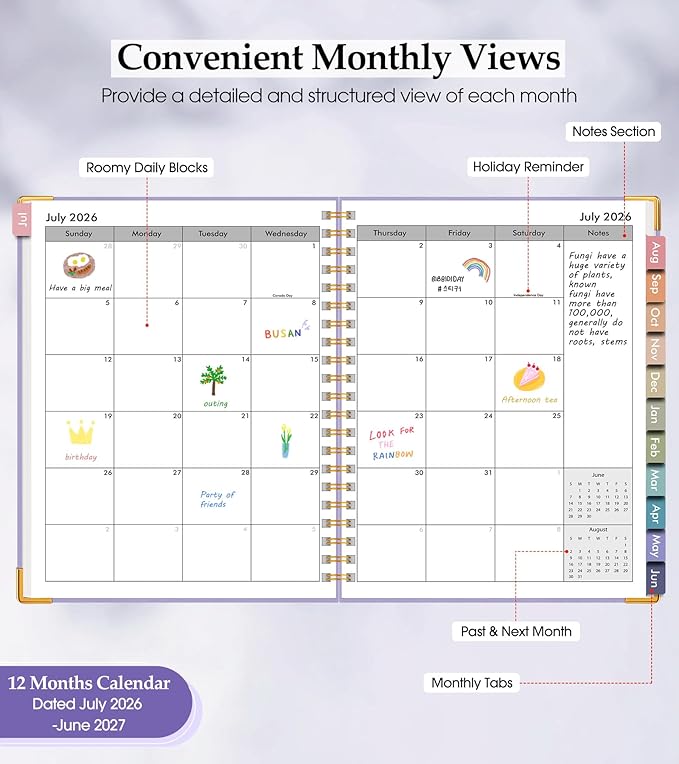 Academic Planner 2026-2027, Hardcover Leather Weekly and Monthly Calendar Planner from July 2026 - June 2027, A5 6.1" x 8.2" Daily Agenda with Tabs, College School Organizer for Student Teacher, Purple
