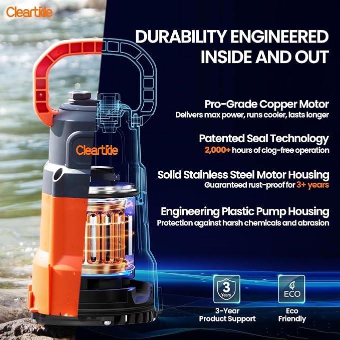 Submersible Utility Water Pump, 2160 GPH Portable Sump Pump with Copper Motor, Plug and Work for Pond, Garden Watering, Pool Transfer, or Hot Tub Emptying