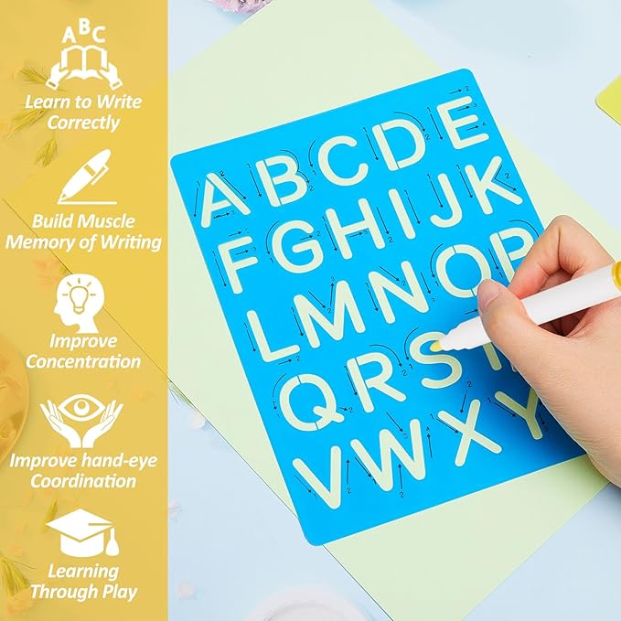 Gersoniel 10 Pieces Preschool Letters and Numbers Alphabet Stencils Colorful Double Sided Tracing Board PET Paint Boards with Craft Markers Marker Paint Pens Preschool Learning Toys