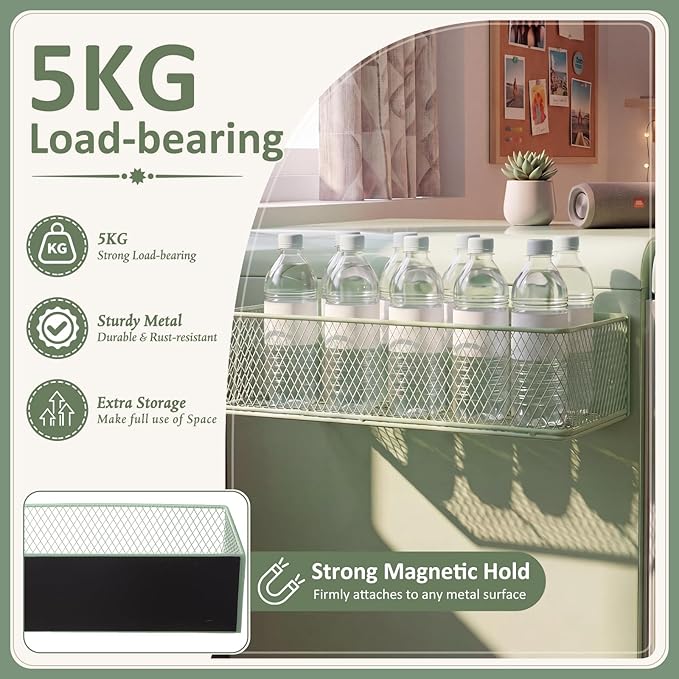 FoldTier 1 Pack Sage Green Magnetic Basket Fridge Organizer, Magnetic Shelf Containers Storage Bin Holder for Kitchen Dorm Locker Refrigerator Classroom Whiteboard Office Table (13.8 x 3.1 x 4.9 Inch)