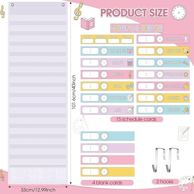 Pasimy Daily Schedule Pocket Chart for Classroom 15+1 Pockets with 31 Double Sided Reusable Cards 2 Magnetic Erasable Pens & Hangers Visual Schedule Chart School Office Home Decor (White,Pastel)