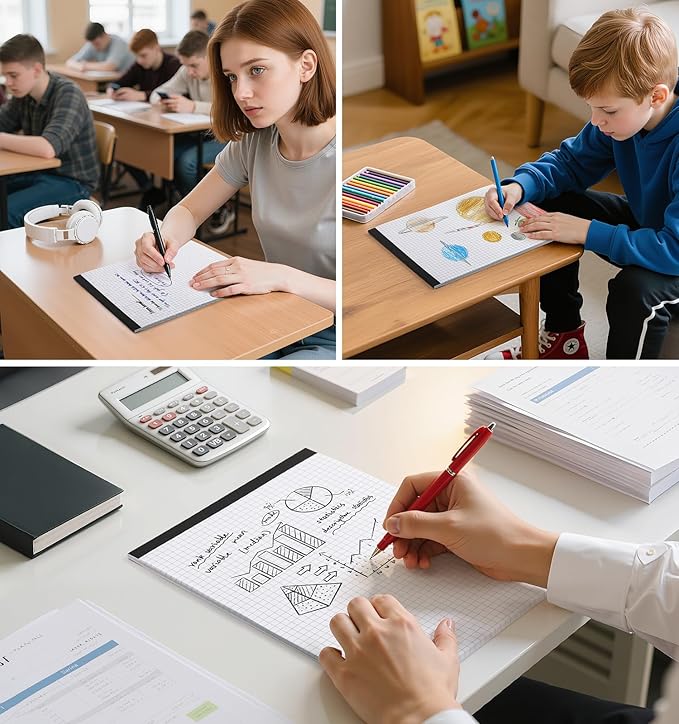 Graph Paper Notebook, 8 Pack, 8.5 x 11 Grid Paper, 4x4 Graph Ruled, 50 Sheets per Pad, Easy-Tear Perforations, 8.5 x 11 Cardboard Backing, for Math, Drafting, Drawing, Engineering