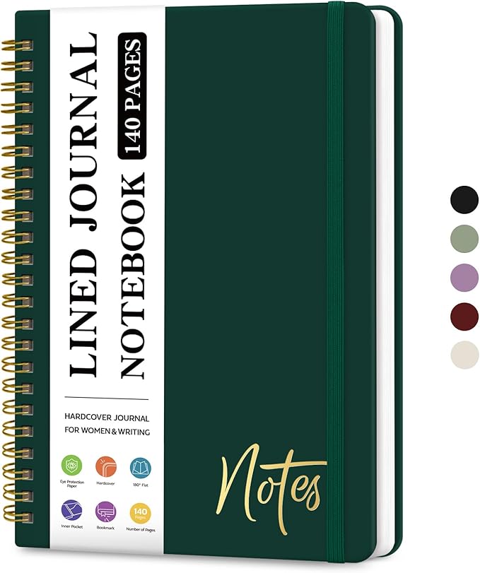 ZOTIA Lined Spiral Journal Notebook for Women, A5 College Ruled Journals for Writing, Hardcover Notebooks for Work, Note taking and Office School Supplies,140 Pages - Dark Green