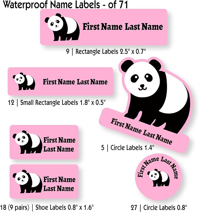 Personalized Kids Name Labels – Waterproof Custom Stickers for Daycare & School, Dishwasher & Laundry Safe (Panda - Pink)