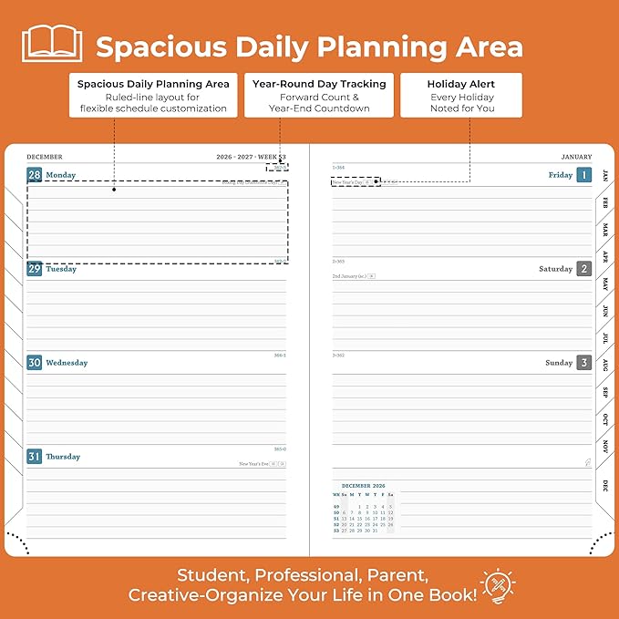 Planner 2026-2027 Daily Weekly and Monthly,8.5"x6.5",18 Months Spiral Bound Calendar Agenda with Self-adhesive Pen Holder,2026 Academic Plan with Vegan Leather Soft Cover,Orange