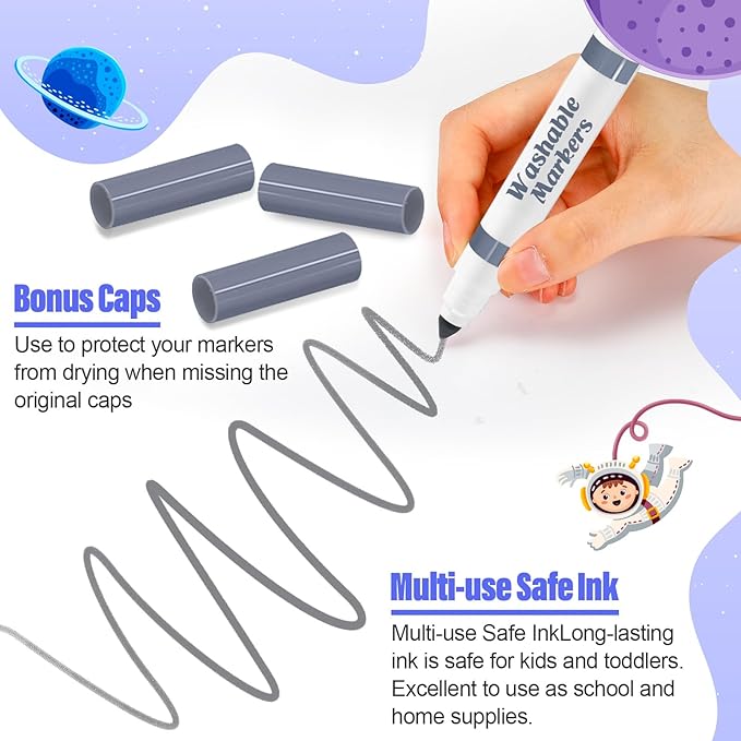 24 Pcs Washable Markers Bulk Broad Line Markers Coloring Conical Tip Large pens for Kids art projects, Teachers, Students, Toddlers, Party Favors, Classrooms, Donations(Gray)
