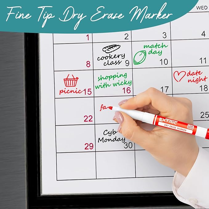 EXTRIC Fine Point Dry Erase Markers (5 Colors) – Thin Dry Erase Markers for Precise Writing Non-Toxic Whiteboard Marker Set + Magnetic Eraser & Cleaner Spray – Low Odor, No Ghosting Whiteboard Kit