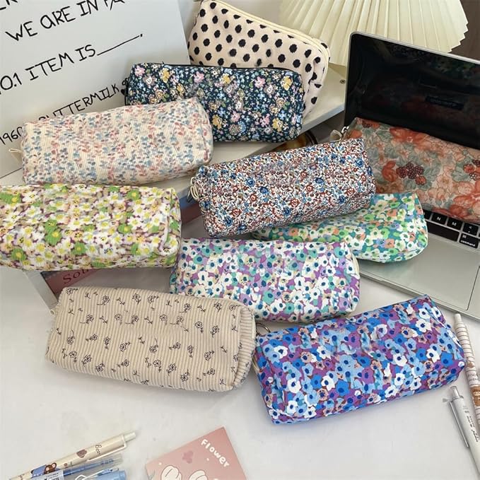 Cute Pencil Case Aesthetic Student Pencil Pouch Coin Pen Pouch Cosmetic Bag Office Stationery Organizer For Kids Teen School (Flowers-M)