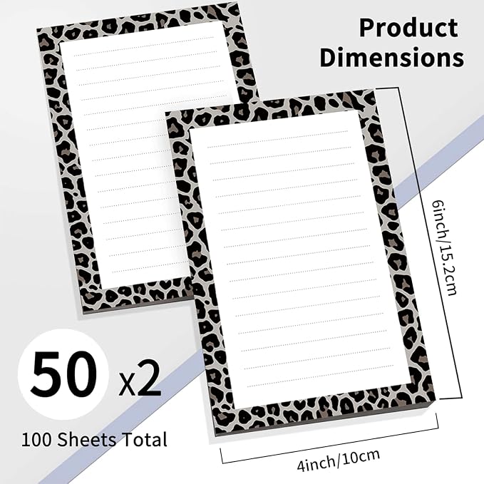 2 Pack Lined Sticky Notes 4x6 in, Cute Self-Stick Notepads with Lines, Large Memo Pads Strong Adhesive for Office, Home Black Cute Leopard