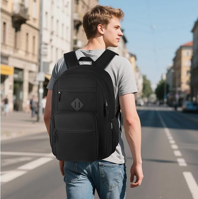 Black Backpack, School Backpack for Boys Girls, Lightweight Casual High School Bookbag, Daily-use Travel Laptop Backpack Fits 17.3 Inch Notebook