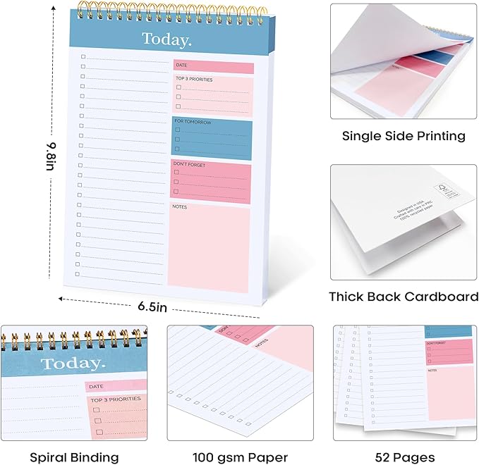 Taja 6 Pack of To Do List Notepad - To Do List Notebook for Work with 52 Sheets, 9.8" x 6.5", Undated Daily Planner Perfect for Daily Tasks and Goal Setting, Notepad Suitable for Office, Home & School - Early Dawn