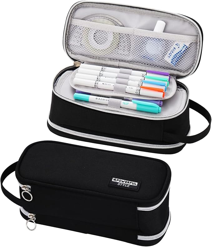 Dugio Large Pencil Case Organizer Big Pencil Pouch for Boys Kids Black | Teens Pencil Bag with Zipper Aesthetic Stationery Pen Pencil Case for School, Large Capacity Design, Thick Multi-layer Fabric
