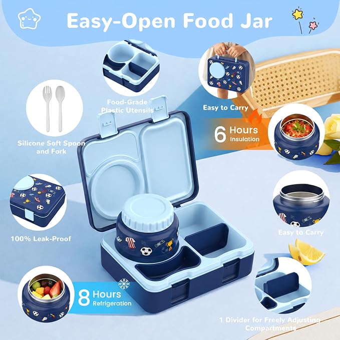 Kids Insulated Lunch Box with 8OZ Thermo Food Jar | Leakproof Bento Box with Ice Pack Sauce Cup Utensils Removable Tray & Dividers for School Daycare Travel, Football