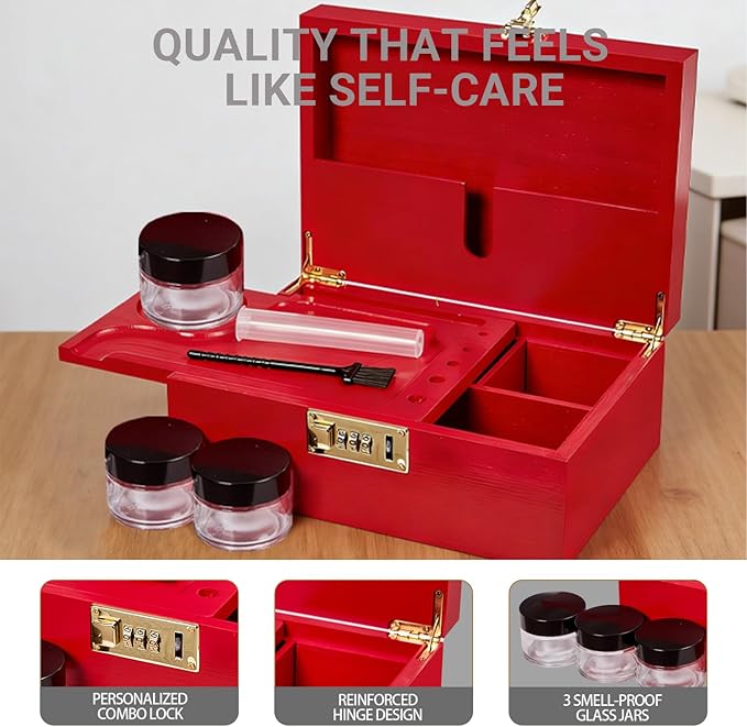 Bamboo Wood Desktop Organizer with 3 Glass Jars and Sliding Tray - Red Multi-Compartment Storage Case for Craft Supplies, Stationery, and Small Accessories (Red)