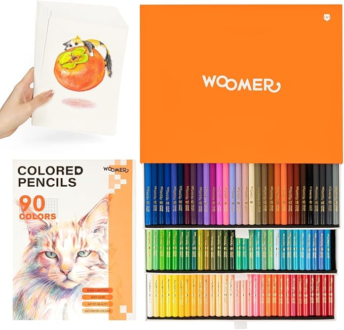 Woomer Colored Pencils with Paper: 90 Colors, 3.8mm Soft Core, Smooth as Cream, Lightfast Rating Marked on Every Pencil, Not Easy to Break, Open Inventory, Slide-Out Drawer Case