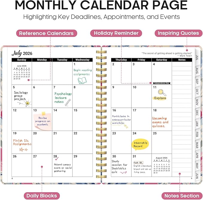 Planner 2026–2027, Academic Monthly Weekly Spiral Calendar, July 2026 – June 2027, Hardcover Agenda Notebook with Tabs, 6.3" x 8.5", Perfect for Students, Teachers, School & Daily Planning - Soft Blossoms