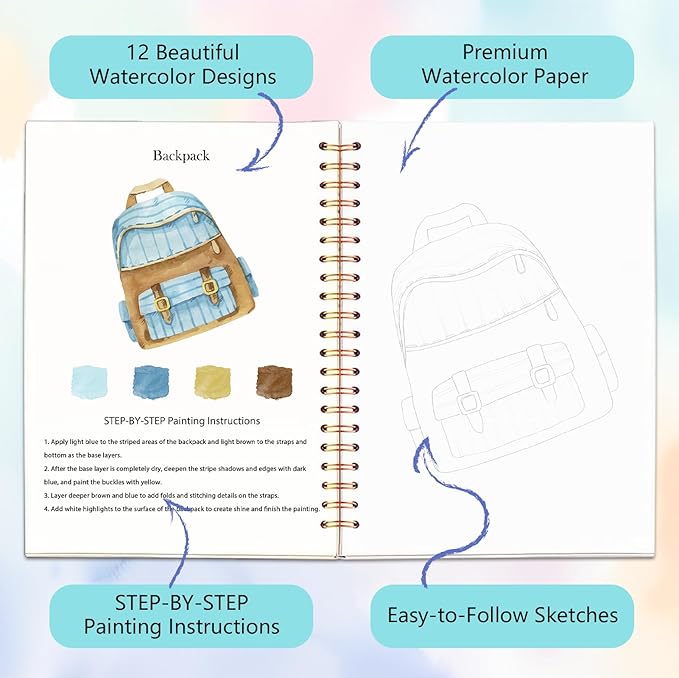 Easy Watercolor Workbook for Beginners - 12 Beautiful Step-by-Step Paintings Water Coloring Book, Includes 16 Colors Paints, Relaxing Art Projects and Creative Gift for Adults & Teen (Travel)
