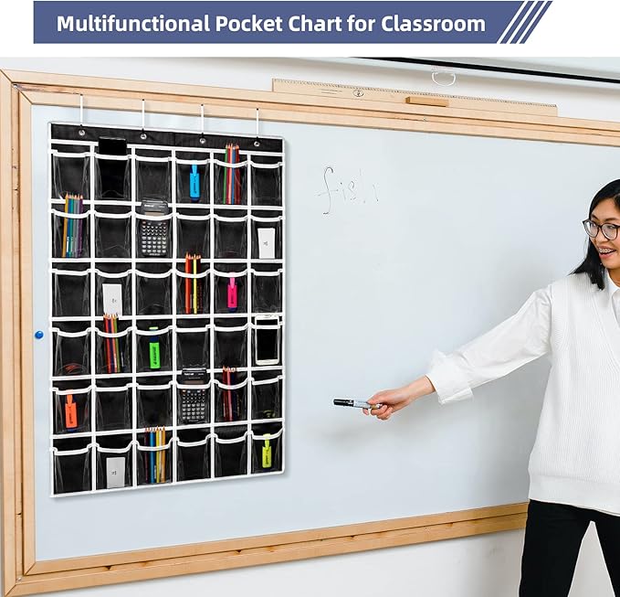 ANSTROUT 36 Clear Pockets Classroom Pocket Chart for Cell Phones,Pocket Chart Organizer for Calculator Holder with 36 Number Sticker Classroom Hanging Cell Phones Organizer (Black)