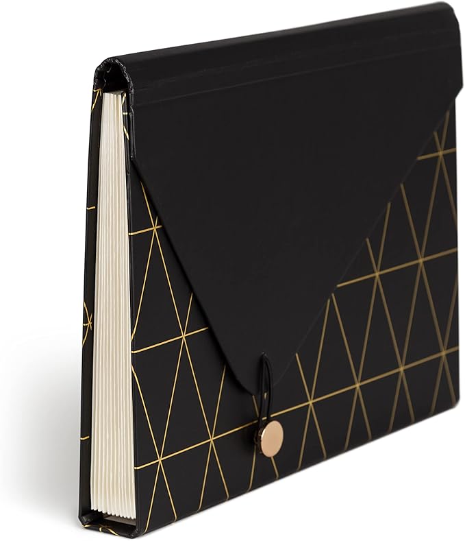 U Brands 13-Pocket Expanding File Folder, Office Supplies, Black and Gold Geometric, Brass Hardware, FSC Certified