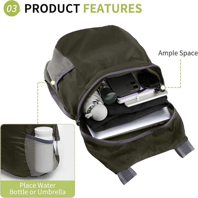 Ultra Lightweight Hiking-Daypack,Foldable Travel Packable Backpack | 20L Foldable Bag for Camping Cycling Outdoor,Day Pack for Men Women,Dark Green