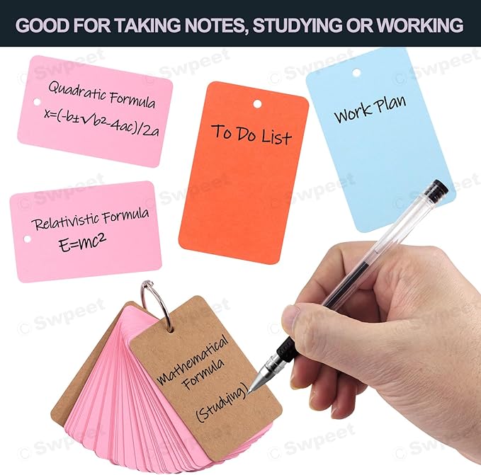Swpeet 600 Sheets 2.1 x 3.5 Inch Colored Index Cards with Binding Rings, Notecards Index Cards, 6 Colors Easy Flip Flash Card Blank for School Learning Memory Recipe Cards Game Card
