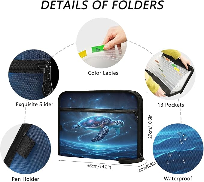 Sea Turtle Starry Sky 13 Pocket File Organizer Expanding File Folder with Front Pouch Portable Business File Storage Document Organizer Folder with Zipper