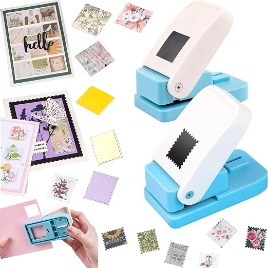 2Pcs Stamp Punches, 1x0.8 inch Rectangular Postage Stamp Shapes Puncher & 1" Square Craft Hole Punch, Lever Action Craft Punch for Paper Crafting Scrapbooking Stamping-Out Cutter Crafts Supplies Tools