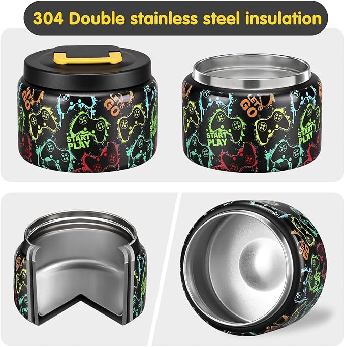 JXXM 8 Oz Thermo Food Jar for Hot & Cold Food for Kids, Insulated Lunch Containers Hot Food Jar,Leak-Proof Vacuum Stainless Steel Wide Mouth Lunch Soup Thermo for School (Black-Game machine)