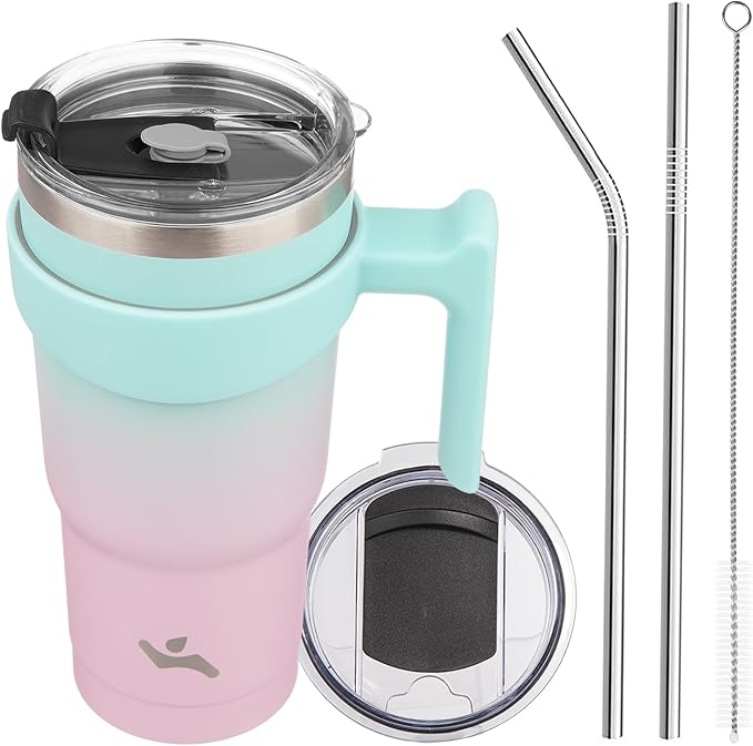 Konokyo 20 oz Tumbler with Handle and 2 Straw 2 Lid, Insulated Water Bottle Stainless Steel Vacuum Cup Reusable Travel Mug,Gum