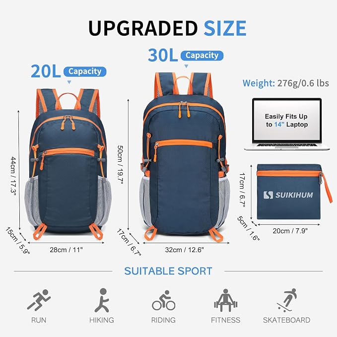 30L Large Hiking Daypack, Foldable Outdoor Backpack, Dark Blue | Packable Daypacks for Men Women, Lightweight Water-Repellent Collapsible Daypack for Commuting Outdoor Sports Camping