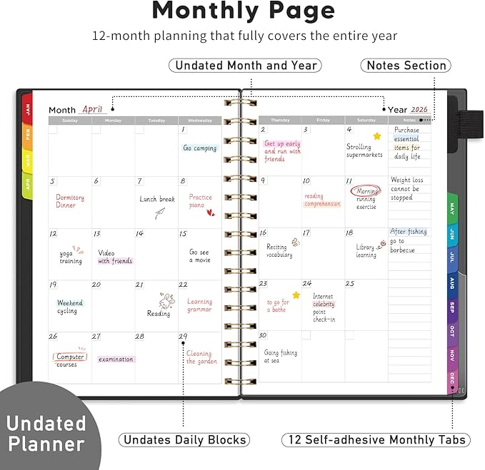 EMSHOI Undated Planner, Weekly and Monthly Calendar, 53 Weeks and 12 Months, A5 (6.38" x 8.35"), 100GSM Thick Paper, PVC Cover, Monthly Tabs, Note Pages, Start Anytime