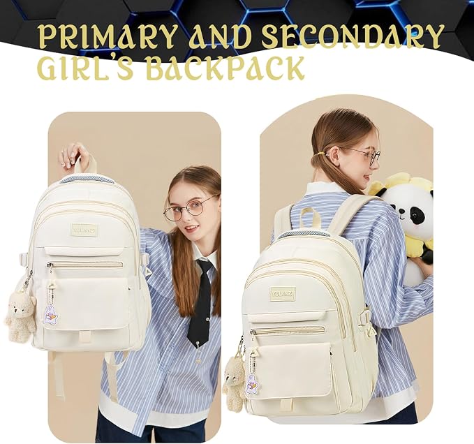 PRLINJSK Girls Backpack for College High Middle School Student, Cute Aesthetic Bookbag for Teens Women with Accessories,Beige