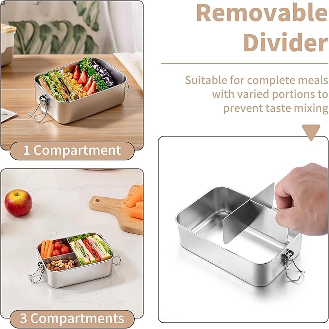 TeamFar 2 Pack Stainless Steel Bento Box, 28oz Metal Lunch Box with 3 Compartments for Adults/Kids, Lunch Food Containers for School/Work/Meal Prep, Leak-Proof & Dishwasher Safe, 850ML