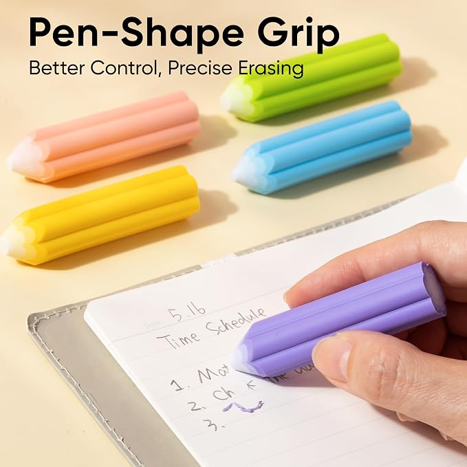 NUSIGN Pencil-Shaped Erasers, 5 Pack, Soft Multicolor TPE Erasers for Kids