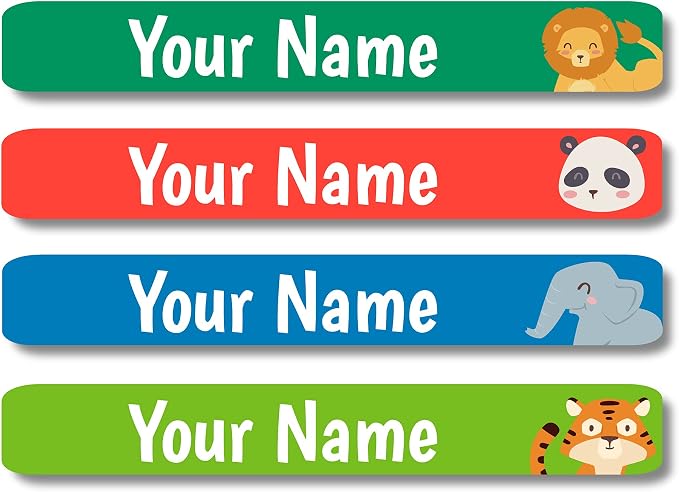 Lovable Labels Personalized Labels for Kids (120 Labels) - Waterproof Dishwasher Safe Peel and Stick Labels are Great for School Supplies Daycare Camp Bottles (Safari Friends)