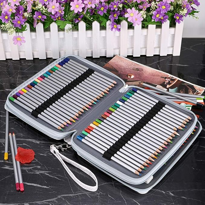 BTSKY Deluxe PU Leather Pencil Case For Colored Pencils - 120 Slot Pencil Holder with Handle Strap Handy Colored Pencil Box Large(White Marble)