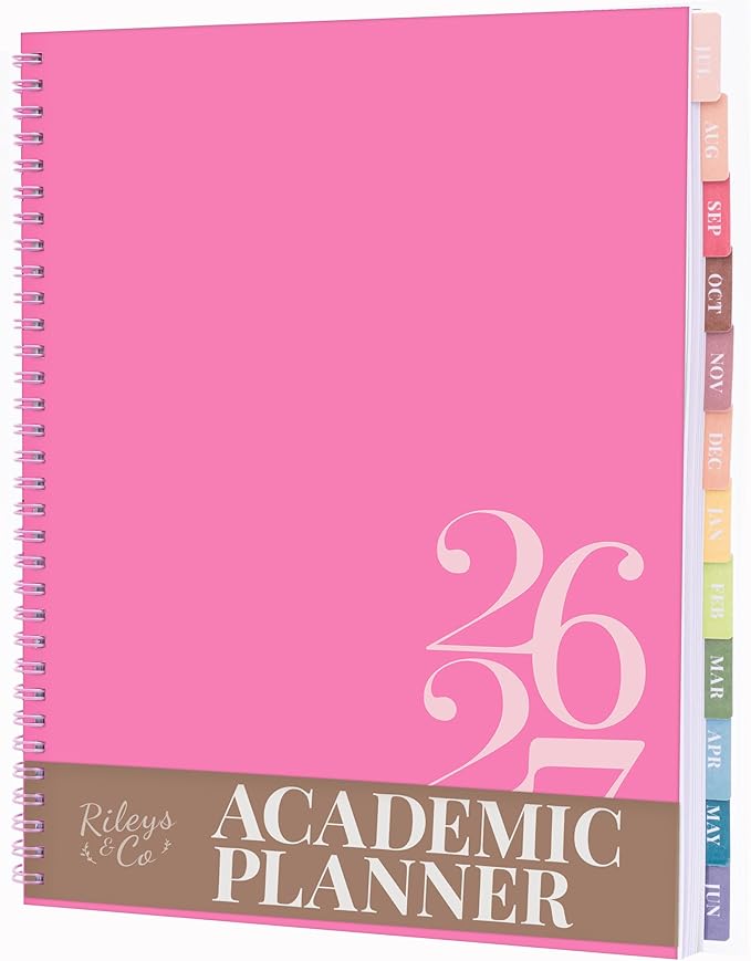 Rileys Academic Planner 2026-2027, Daily, Weekly & Monthly Planner, July 2026 - June 2027, Student Notes Pages, Twin-Wire Binding, Weekly Agenda for School & Work (8.5 x 11-Inches, Classic, Pink)
