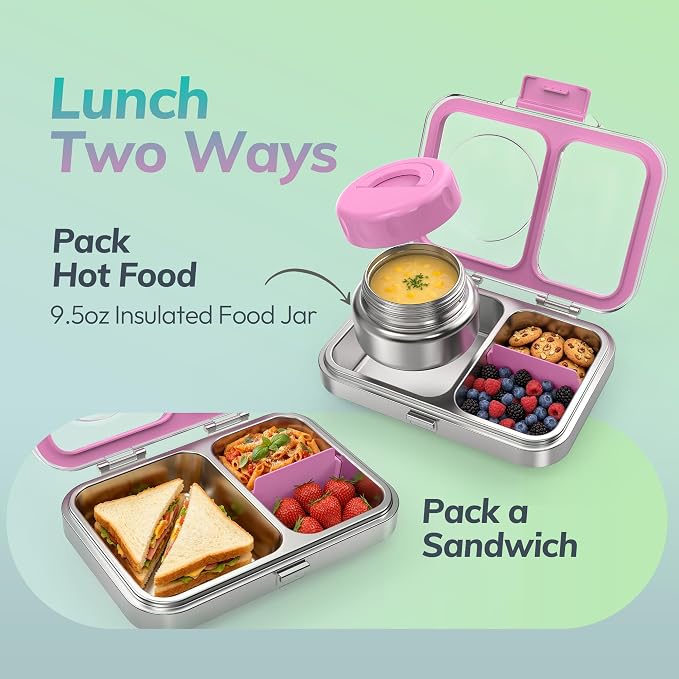 HOMEKOL Stainless Steel Bento Lunch Box + 9.5oz Insulated Food Jar, Purple | 2-Compartment Leak-Proof Container for Kids & Adults, BPA/BPS-Free, 18/8 Metal, Dishwasher Safe, Clear Tritan Lid