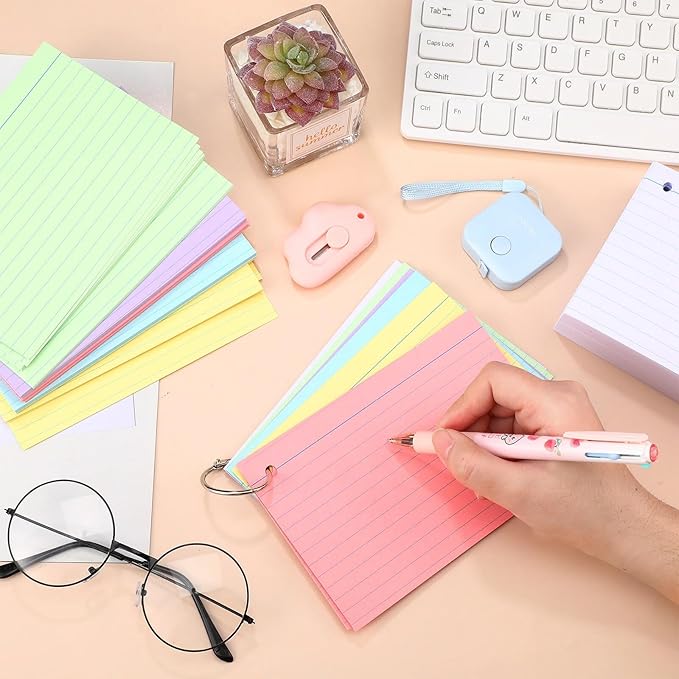 Epakh 300 Pieces Lined Index Cards 180 GSM Thick Flash Cards with Rings Notecards Punched Back to School for Studying Adults Home College Office(4 x 6 Inch,Light Color)