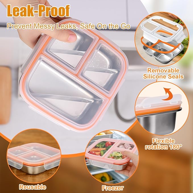 Palksky Lunch Box Containers Stainless Steel, Bento Lunch Box for Adults Men Women, 3-Compartments Metal Food Storage Containers with Leakproof Lids for Travel Picnics Office (1 Pack)