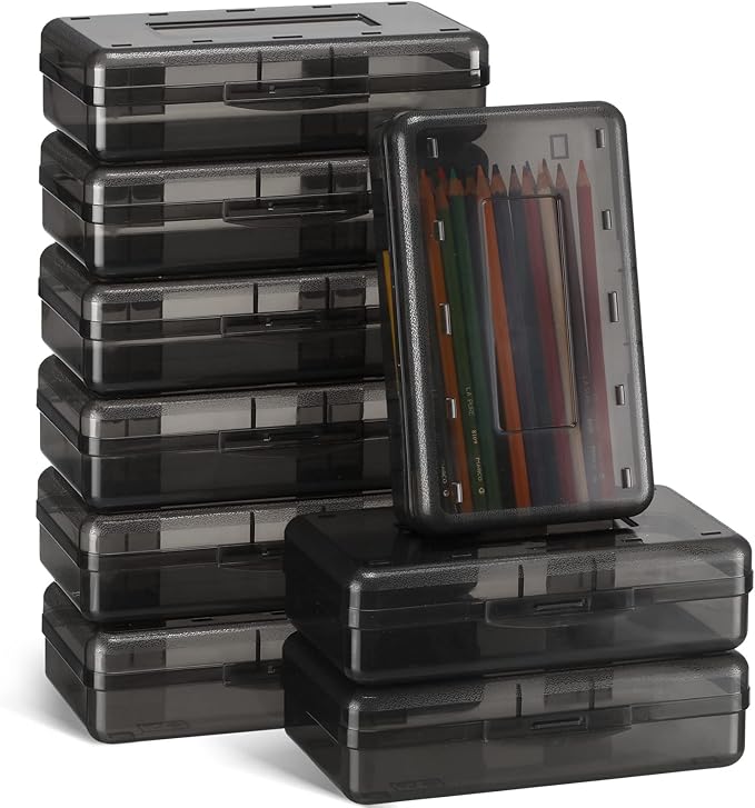 Leelosp 12 Pack Clear Pencil Boxes for School Bulk, Large Plastic Pencil Case with Lid, Stackable Hard Crayon Storage Box for Classroom Kids, Desk Drawer Organizer for Office Home(Gray)