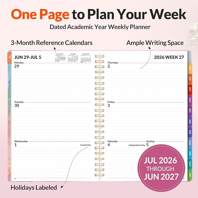 SUNEE Academic Planner 2026-2027 – Weekly & Monthly Planner, July 2026 to June 2027, 6.4"x8.3", Thick Paper, Tabs, Pockets, Bookmark, Spiral-Bound, Student Teacher Organizer, Marble
